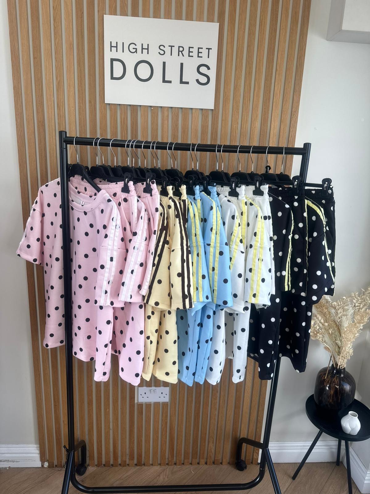 Bibi Polka Dot Print Oversized T Shirt and Shorts Holiday Spring Summer Women’s two piece co-ord Trending Viral Print Stripe Detail