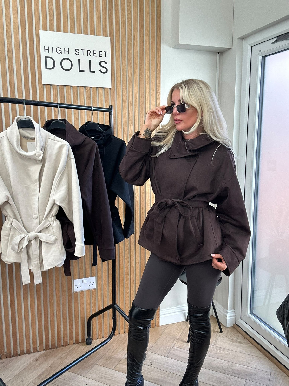 Kiera Suedette Belted Funnel Neck Button-Down Jacket – Autumn/Winter